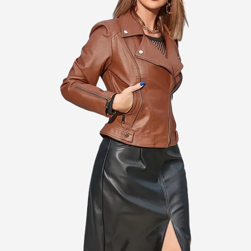 Womens Elsie Brown Leather Biker Jacket