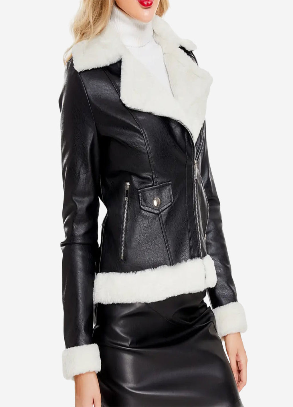 Womens Luella Black Leather Biker Fur Jacket
