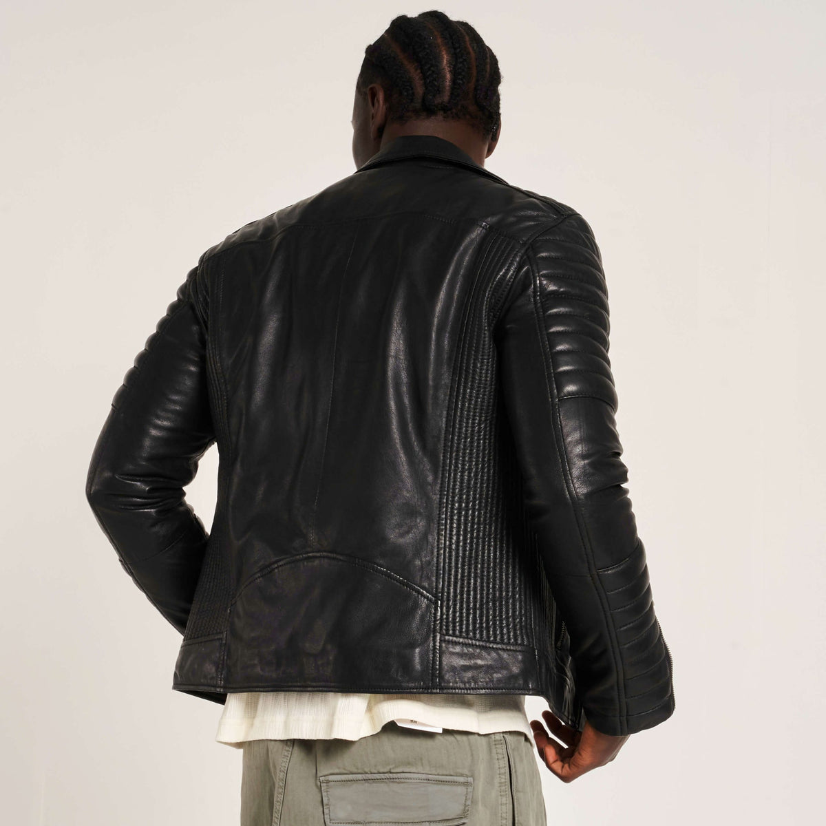 Men’s Leather Biker Jacket with Quilted Ribbed Sleeves