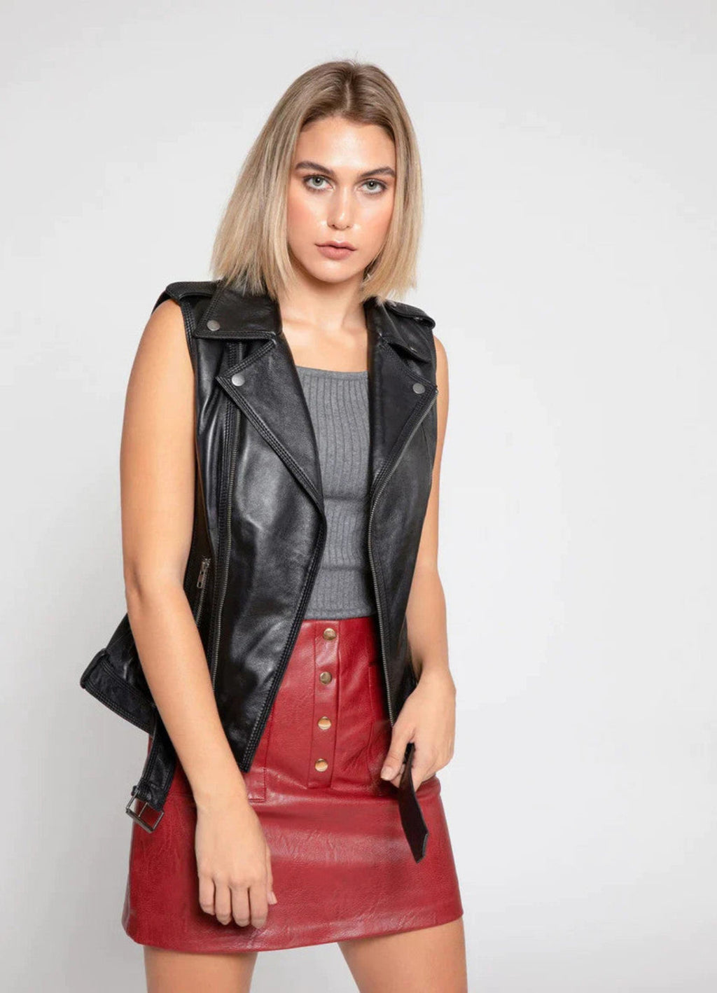 Women's Shiny Black Biker Leather Vest