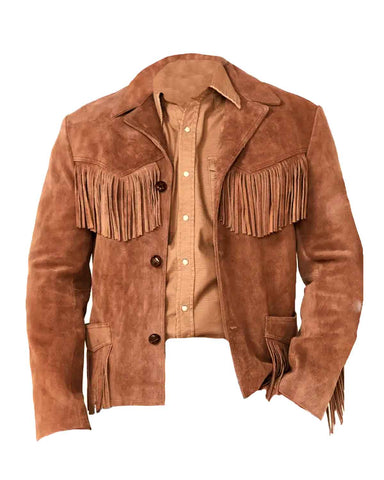 Mens Brown Fringe Western Suede Leather Jacket
