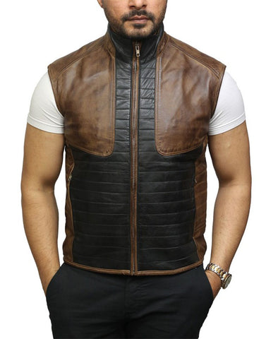 Glowrexs Men's Black and Brown Body Warmer Leather Vest