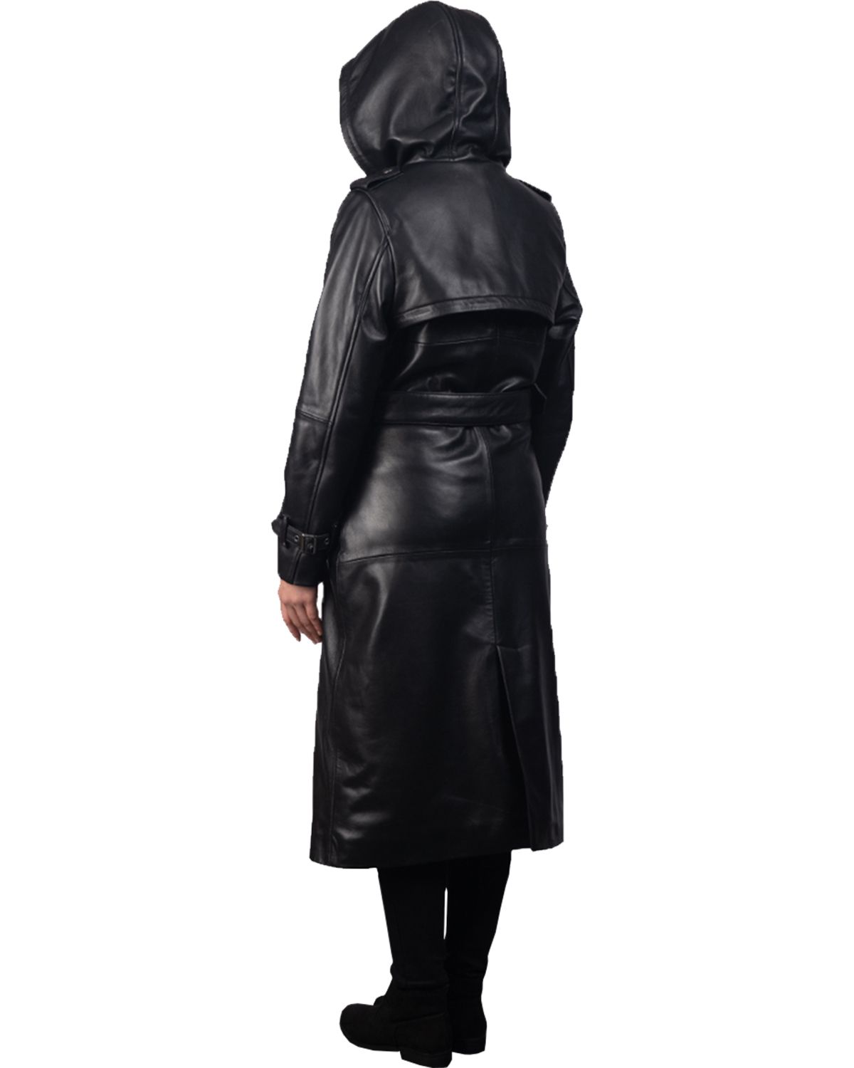 Glowrexs Women's Hooded Real Leather Long Trench Coat