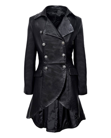 Glowrexs Women's Back Buckle Real Leather Long Gothic Coat