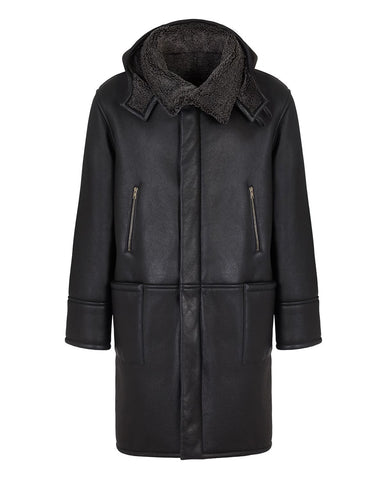 Glowrexs Men's Black Hooded Real Leather Coat