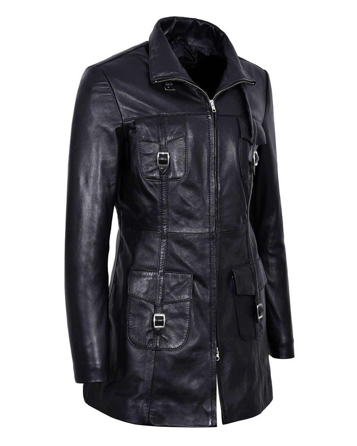 Glowrexs Women's Gothic Style Mid Length Real Sheepskin Leather Coat