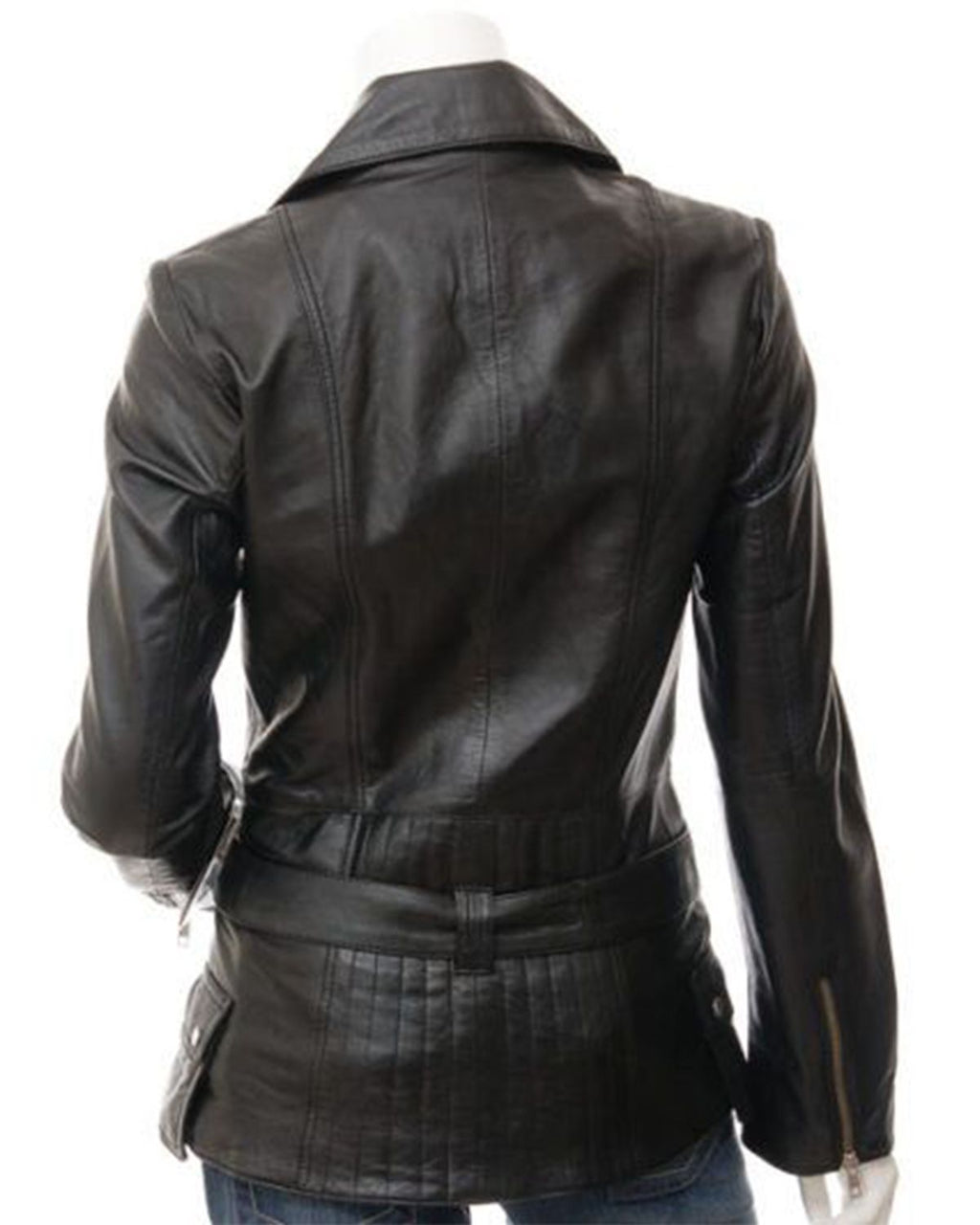 Glowrexs Women's Long Black Biker Real Sheepskin Leather Jacket