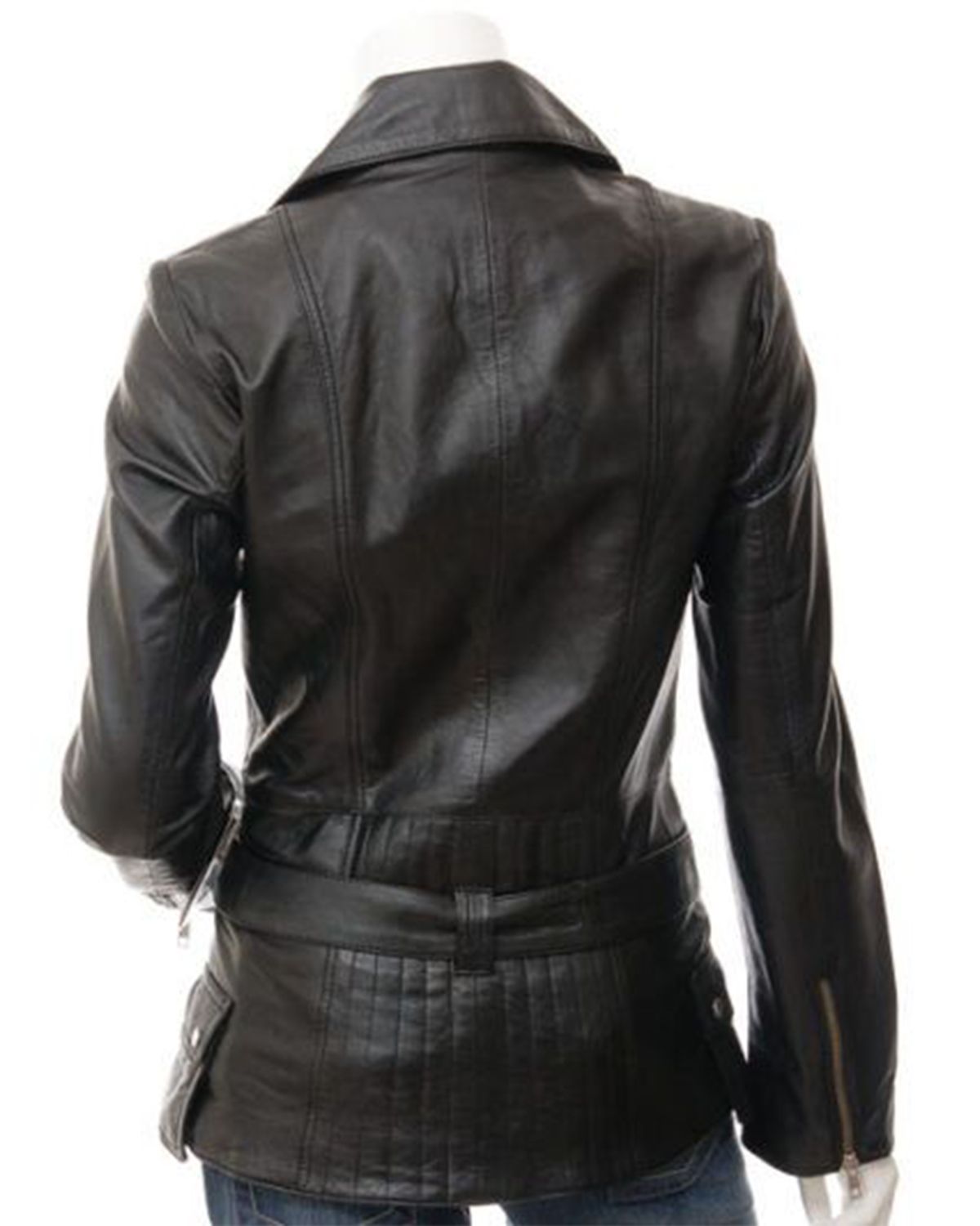 Glowrexs Women's Long Black Biker Real Sheepskin Leather Jacket