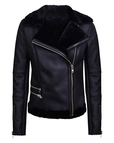 Glowrexs Women Fur Collar Black Biker Aviator Style Jacket