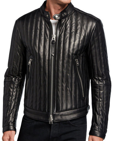 Glowrexs Men Vertical Channel Leather Biker Jacket