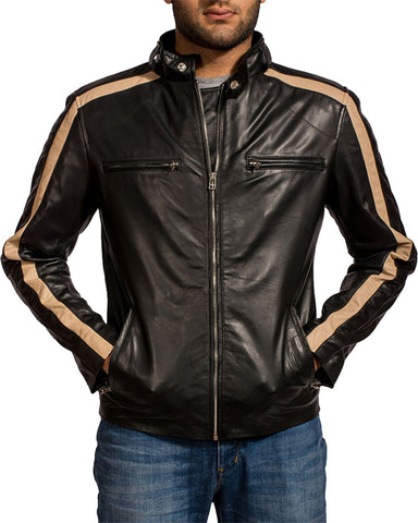 Glowrexs Men's Creame Stripes Black Biker Leather Jacket
