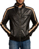 Glowrexs Men's Creame Stripes Black Biker Leather Jacket