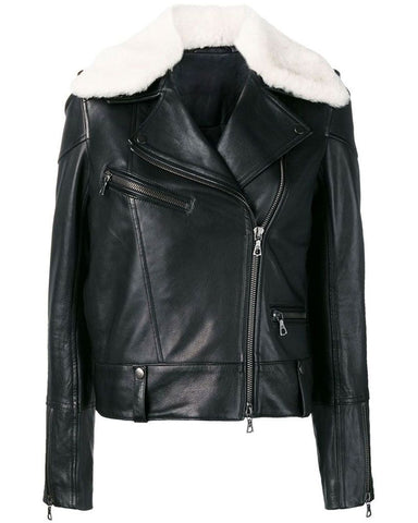 Glowrexs Womens Fur Collar Black Aviator Biker Style Leather Jacket