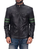Glowrexs Men's Black Biker With Green Stripes Leather Jacket