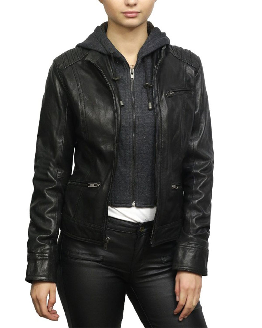 Glowrexs Women's Short Hooded Leather Biker Jacket