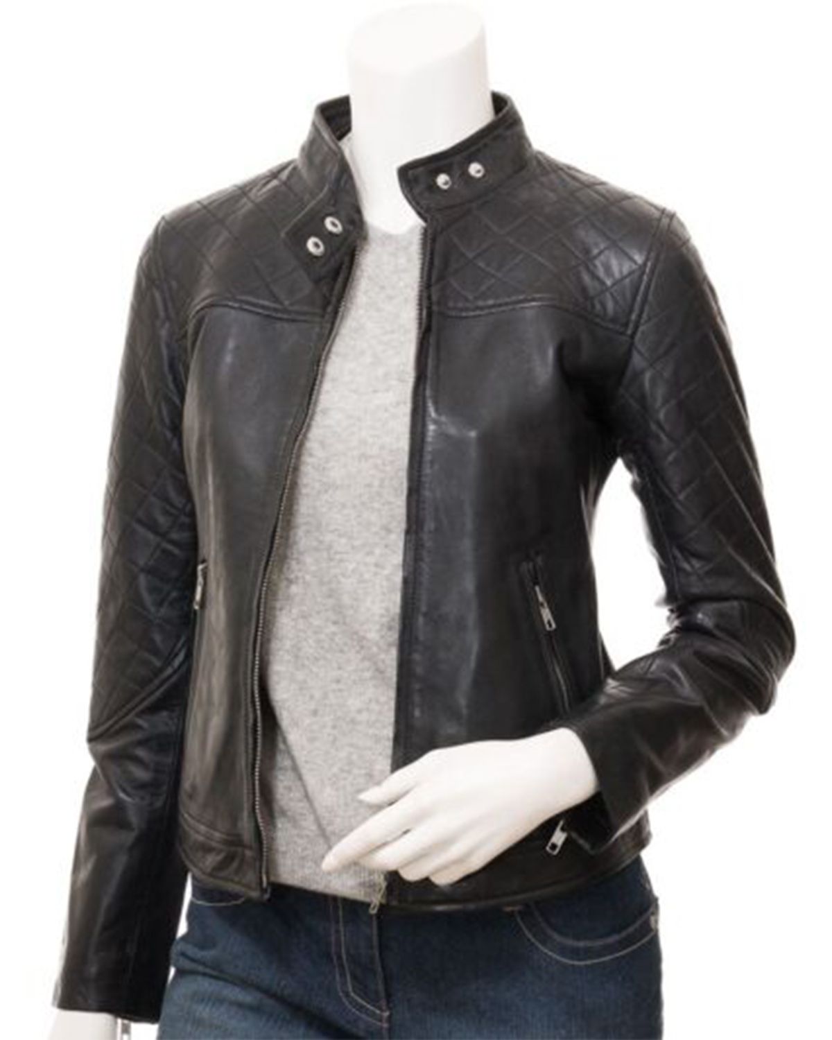 Glowrexs Women's Quilted Shoulder Stylish Biker Cafe Racer Style Real Leather Jacket