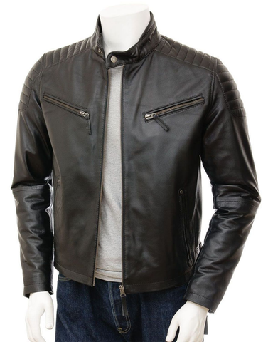Glowrexs Men's Quilted Shoulder Classic Cafe Racer Motorcycle Jacket
