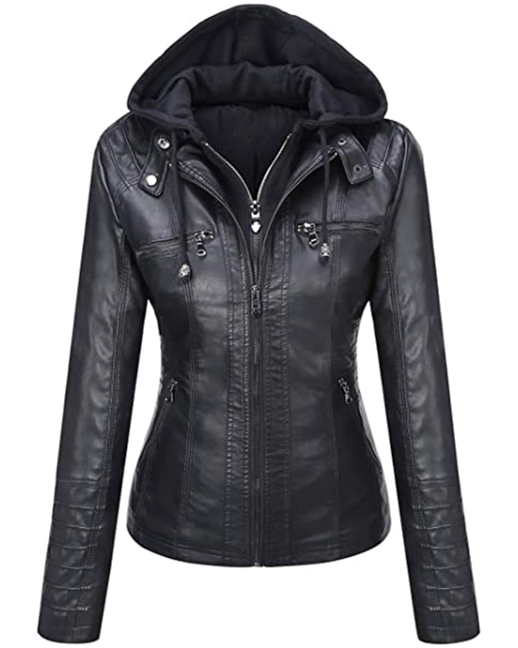 Glowrexs Women's Removable Hood Slim Fit Biker Real Leather Jacket