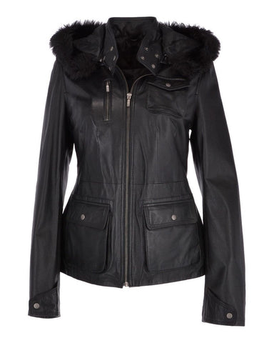 Glowrexs Womens Hooded Biker Real Sheepskin Leather Jacket