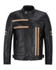 Glowrexs Men's Black With Beige Stripes Biker Motorcycle Leather Jacket
