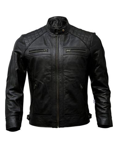 Glowrexs Men's Quilted Style Classic Biker Leather Jacket