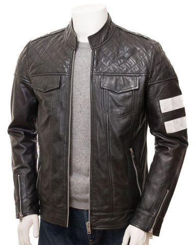 Glowrexs Men's Stand Collar Black Cafe Racer Biker Leather Jacket