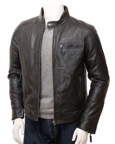 Glowrexs Men's Black Cafe Racer Motorcycle Leather Jacket