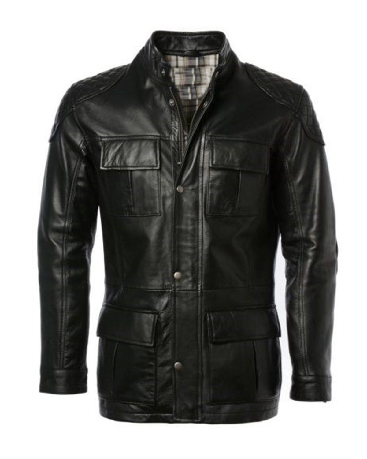 Glowrexs Men's Four Pocket Cafe Racer Long Hip Length Leather Jacket
