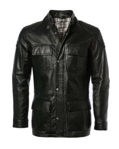 Glowrexs Men's Four Pocket Cafe Racer Long Hip Length Leather Jacket