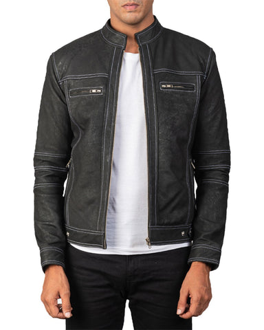 Glowrexs Men's Distressed Black Biker Leather Jacket