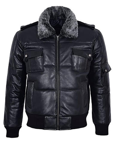 Glowrexs Men's Puffer Black Fur Collar Bomber Jacket