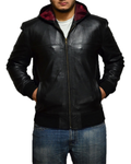Glowrexs Men's Hooded Black Biker Real Sheepskin Leather Jacket