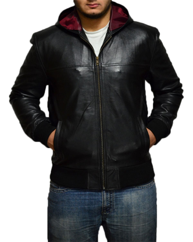 Glowrexs Men's Hooded Black Biker Real Sheepskin Leather Jacket