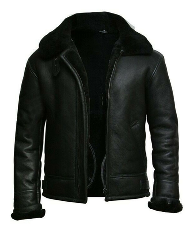 Glowrexs Mens Fur Collar Black B3 Bomber RAF Avaitor Jacket