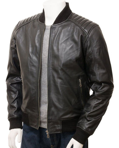 Glowrexs Men's Black Quilted Shoulder Bomber Leather Jacket