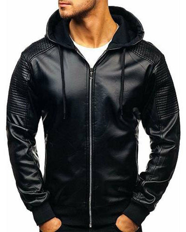 Glowrexs Men's Black Hooded Cafe Racer Leather Jacket