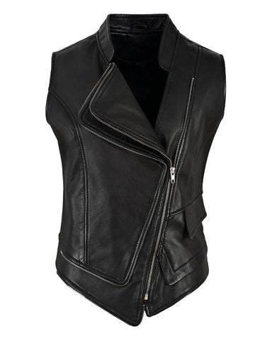 Glowrexs Women's Black Punk Biker Real Sheepskin Leather Vest