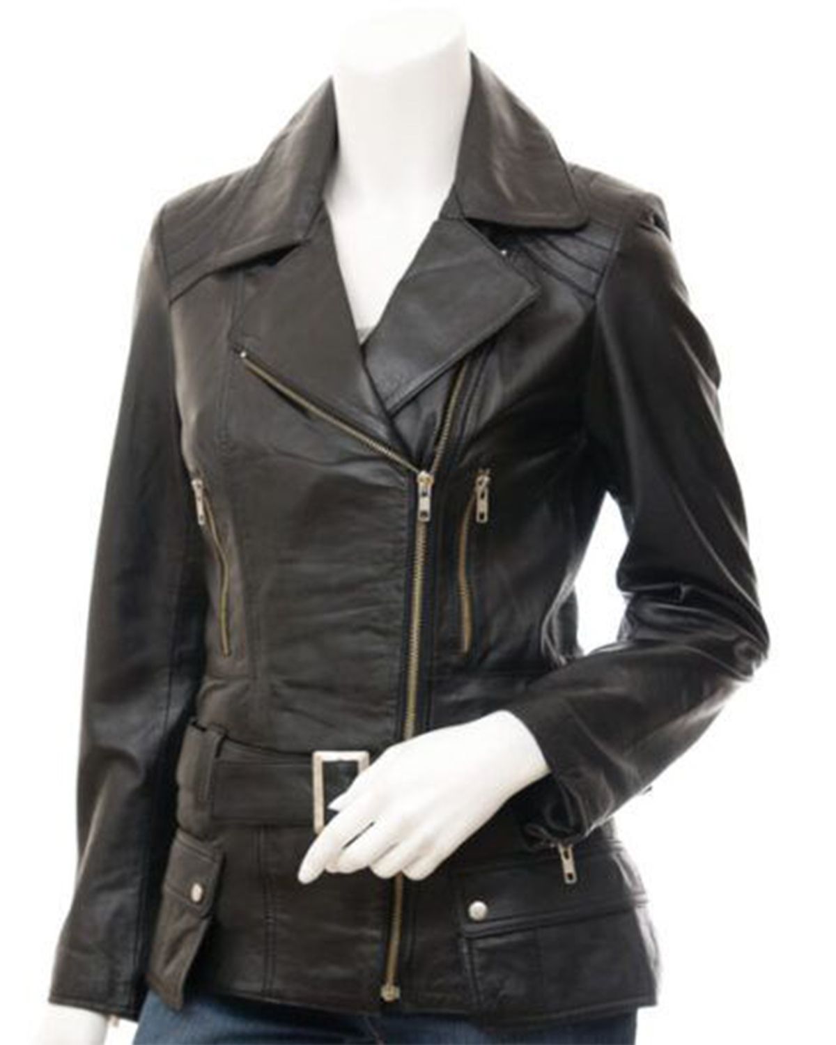 Glowrexs Women's Long Black Biker Real Sheepskin Leather Jacket