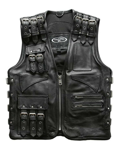 Glowrexs Mens Cargo Style Biker Cowhide Leather Vest Jacket