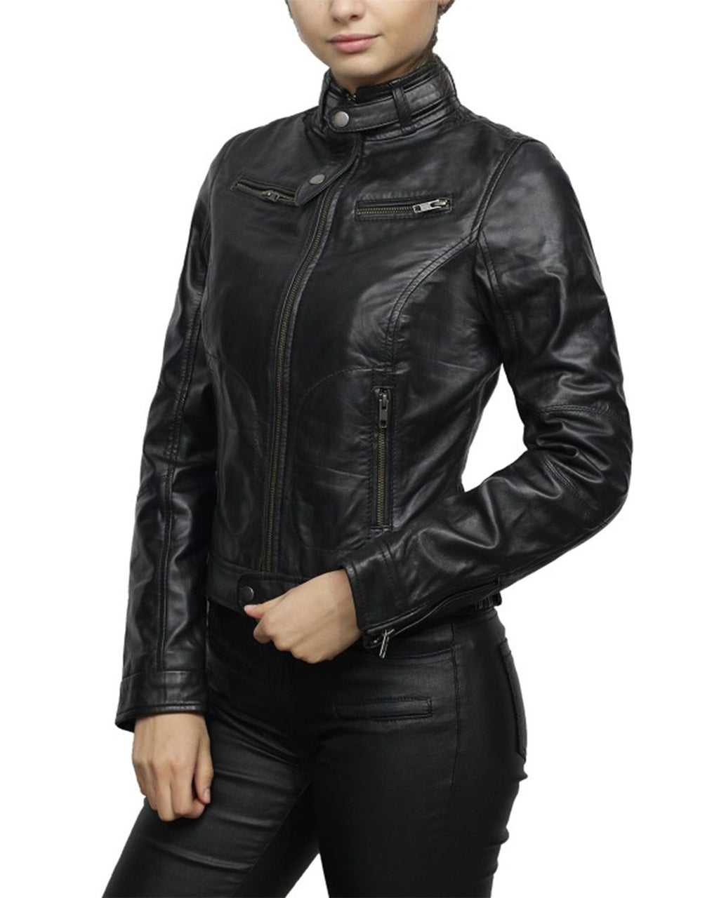 Glowrexs Women's Belted Collar Black Biker Jacket