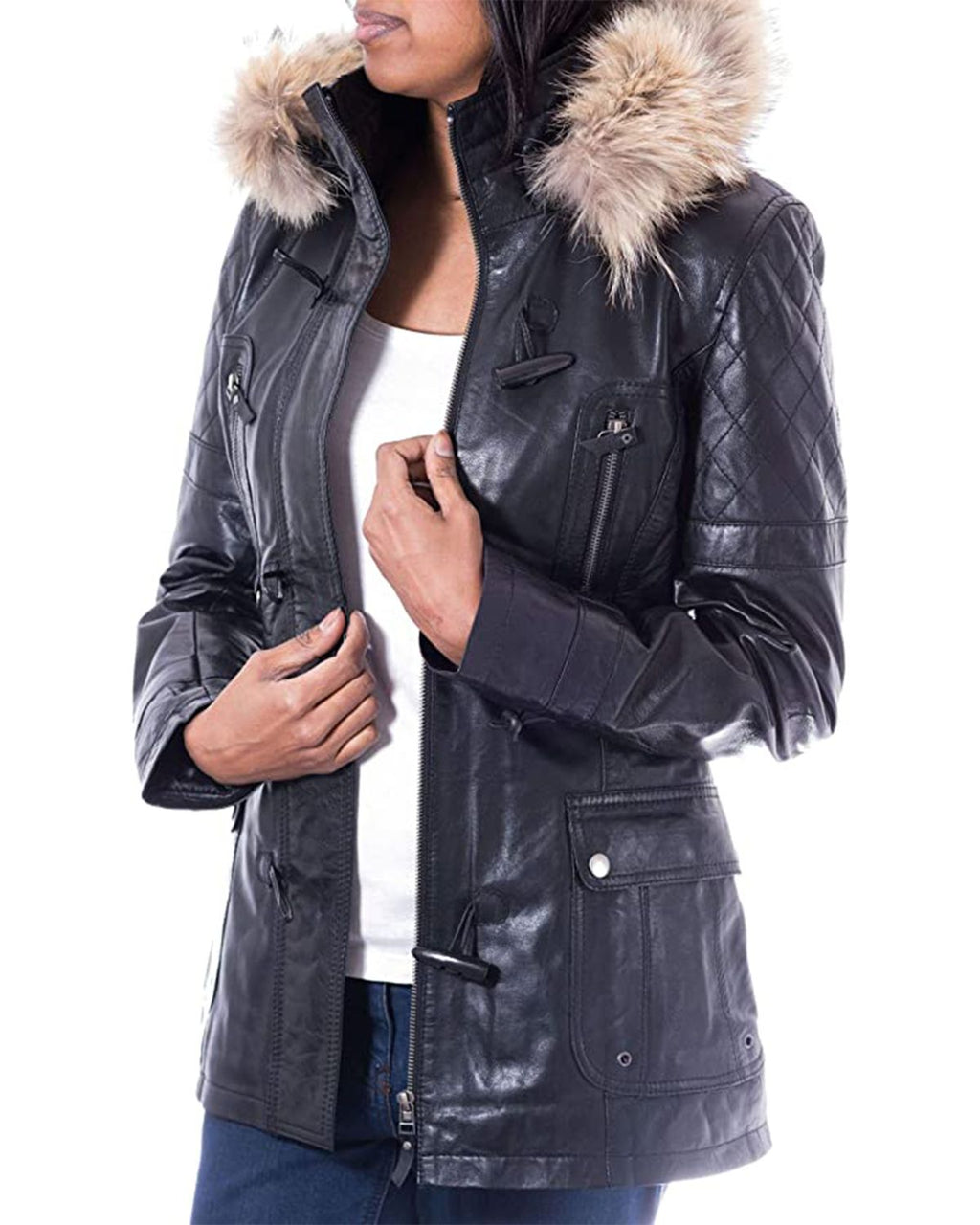 Glowrexs Women's Detachable Hooded Fur Collar Duffle Coat
