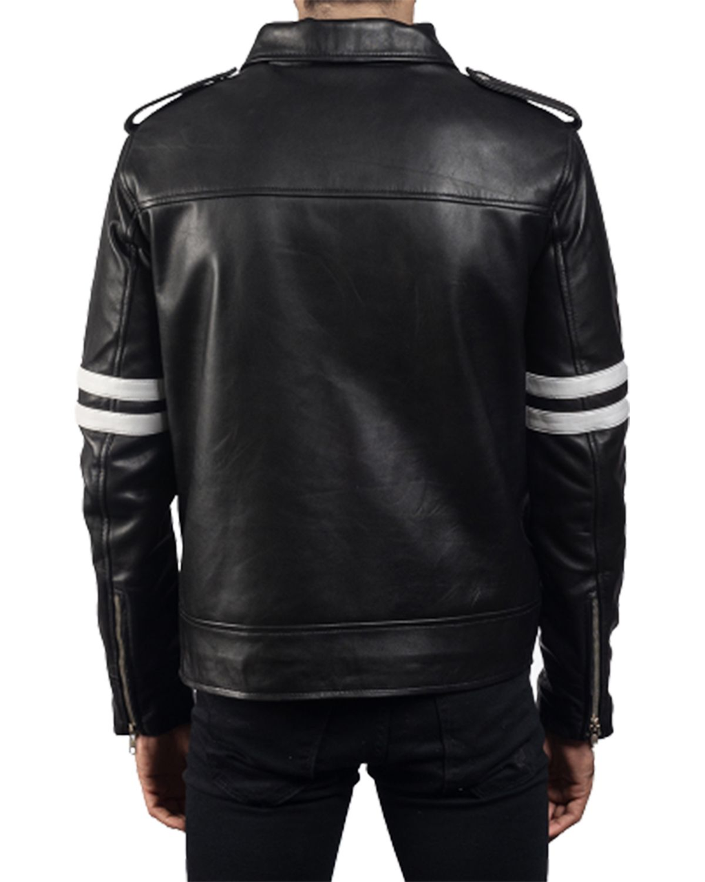 Glowrexs Men's Black Biker With White Stripes Leather Jacket