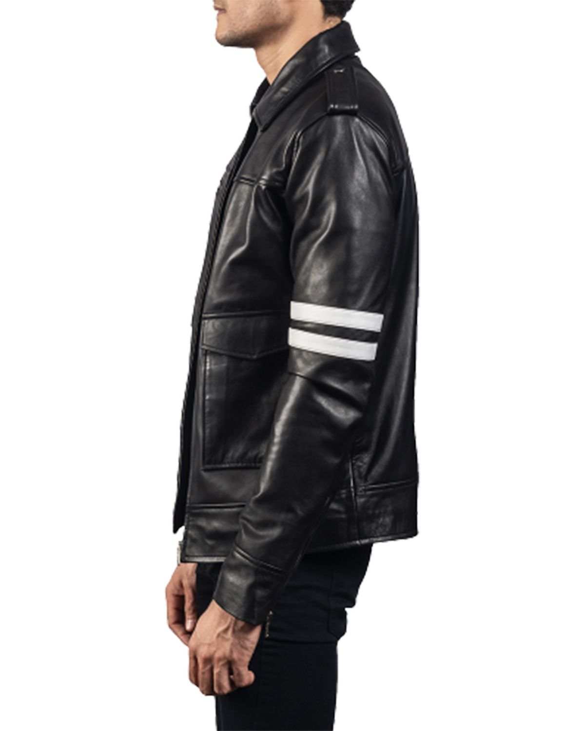 Glowrexs Men's Black Biker With White Stripes Leather Jacket