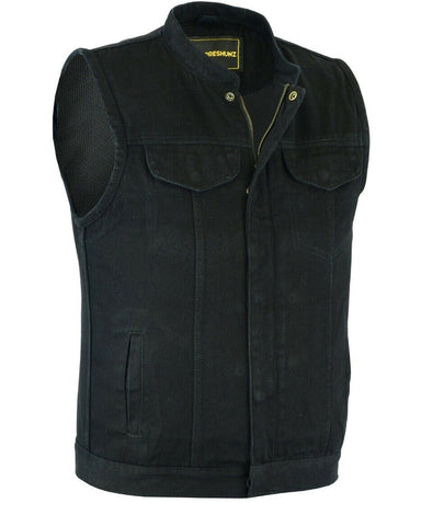 Glowrexs Mens Biker Denim Black Vest with Dual inside Gun Pockets
