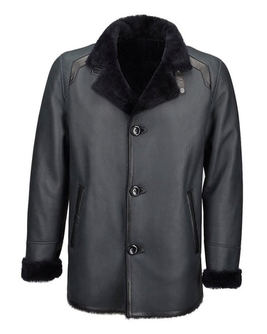 Glowrexs Single Breasted Men's Blue Sheepskin Leather Coat