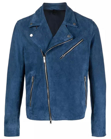 Glowrexs Mens Blue Suede Biker Jacket