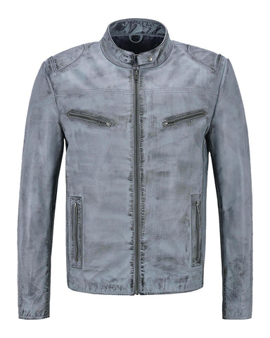 Glowrexs Men's Distressed Light Blue Retro Biker Leather Jacket