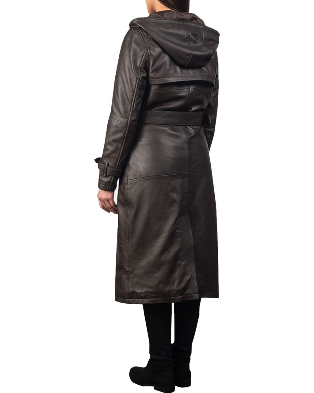 Glowrexs Women's Hooded Real Leather Long Trench Coat
