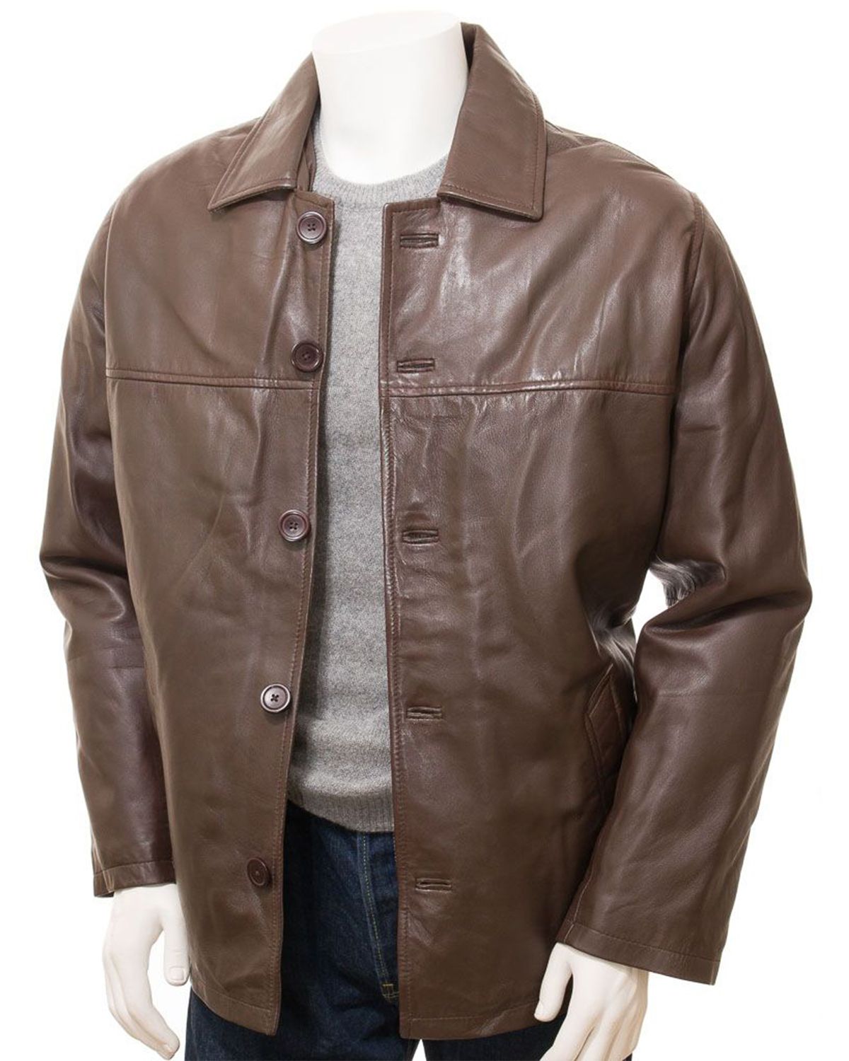Glowrexs Men's Brown Reefer Style Genuine Sheepskin Leather Coat