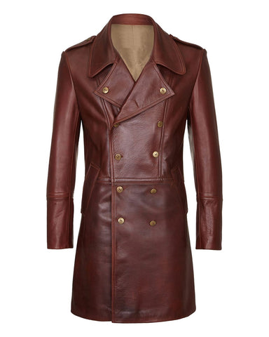 Glowrexs Men's Military Style Dark Brown Real Sheepskin Leather Coat